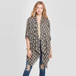 NWT Knox Rose Brown&White Checkered Waterfall Open Front Cardigan Womens Small